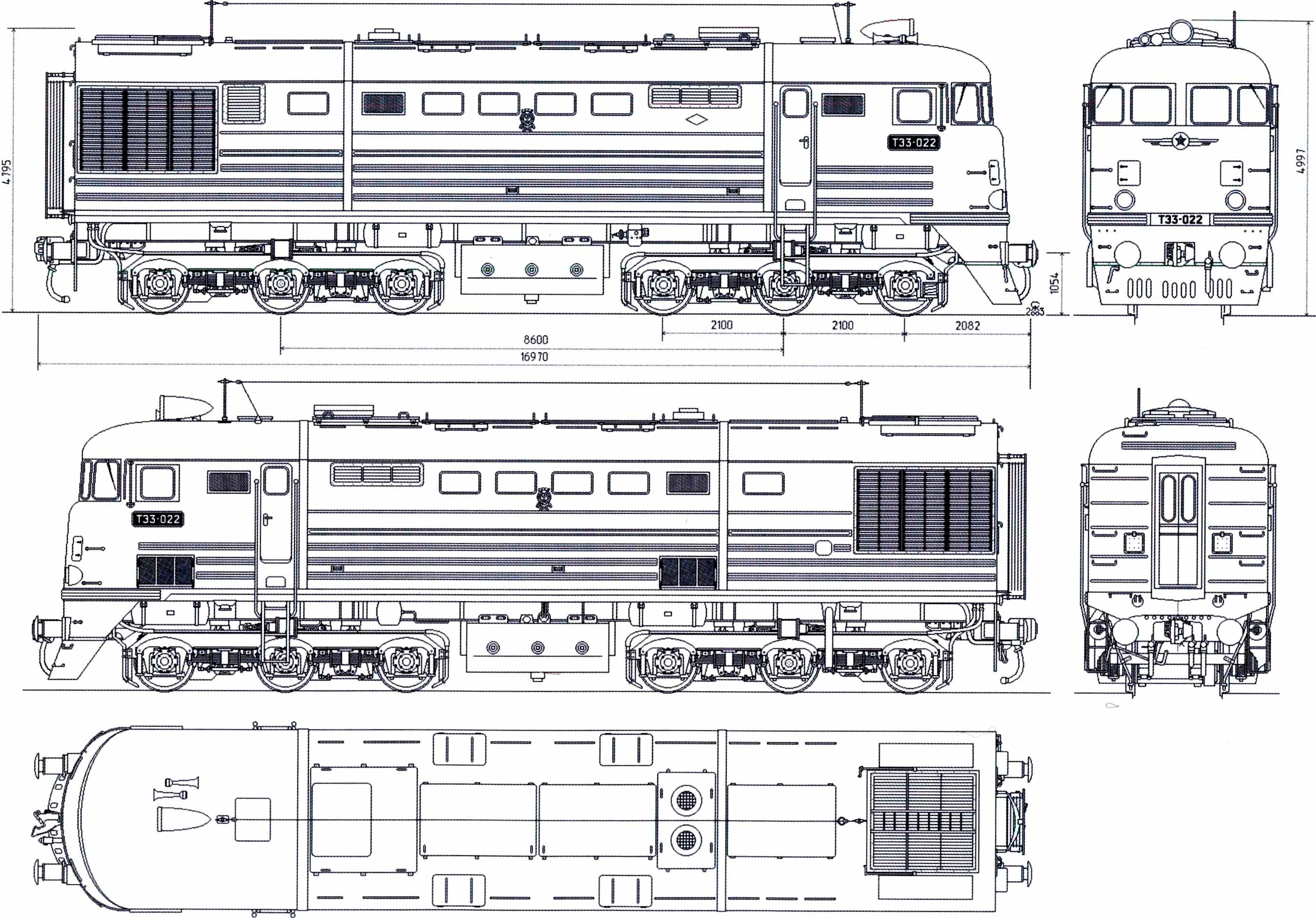 Чертеж тепловоза ТЭЗ с кабиной первоначального образца